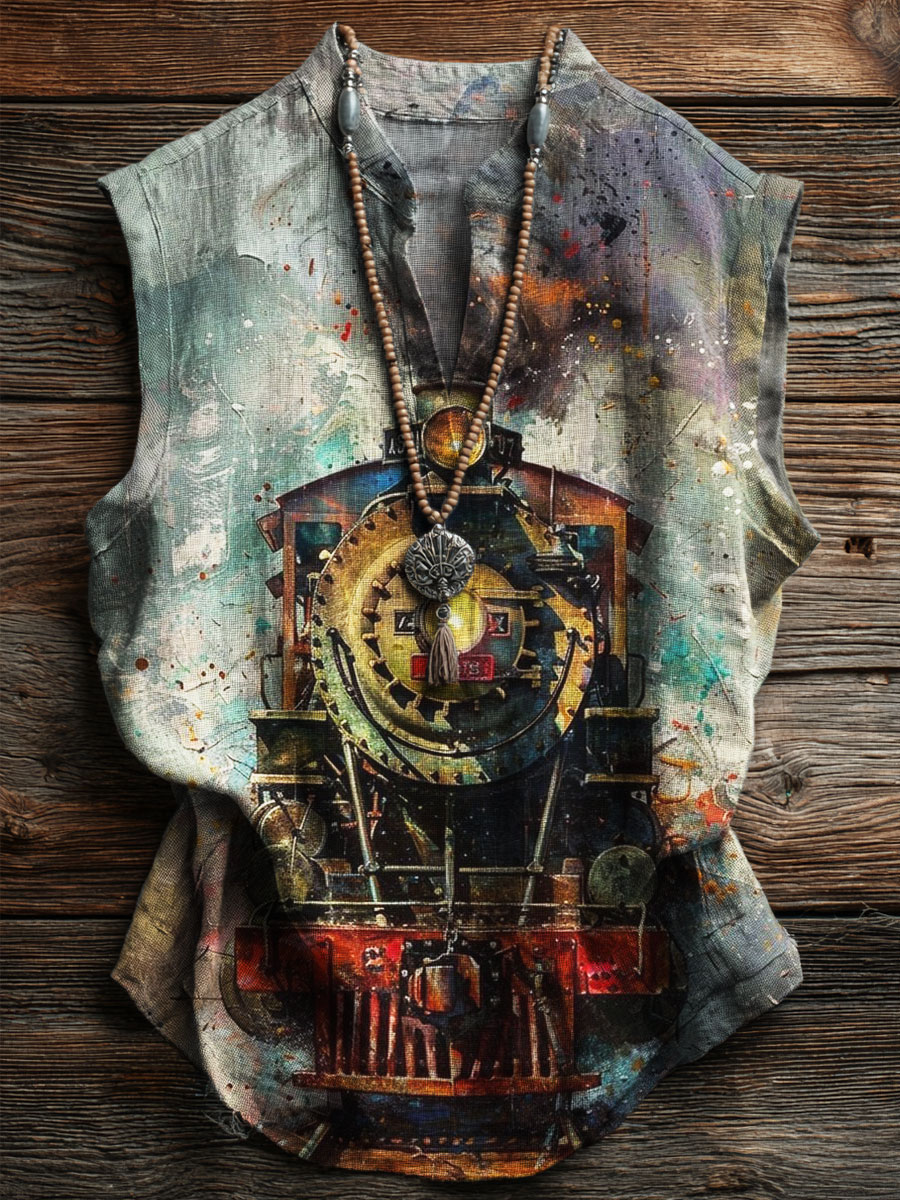 Vintage Train Print Casual Tank Top
