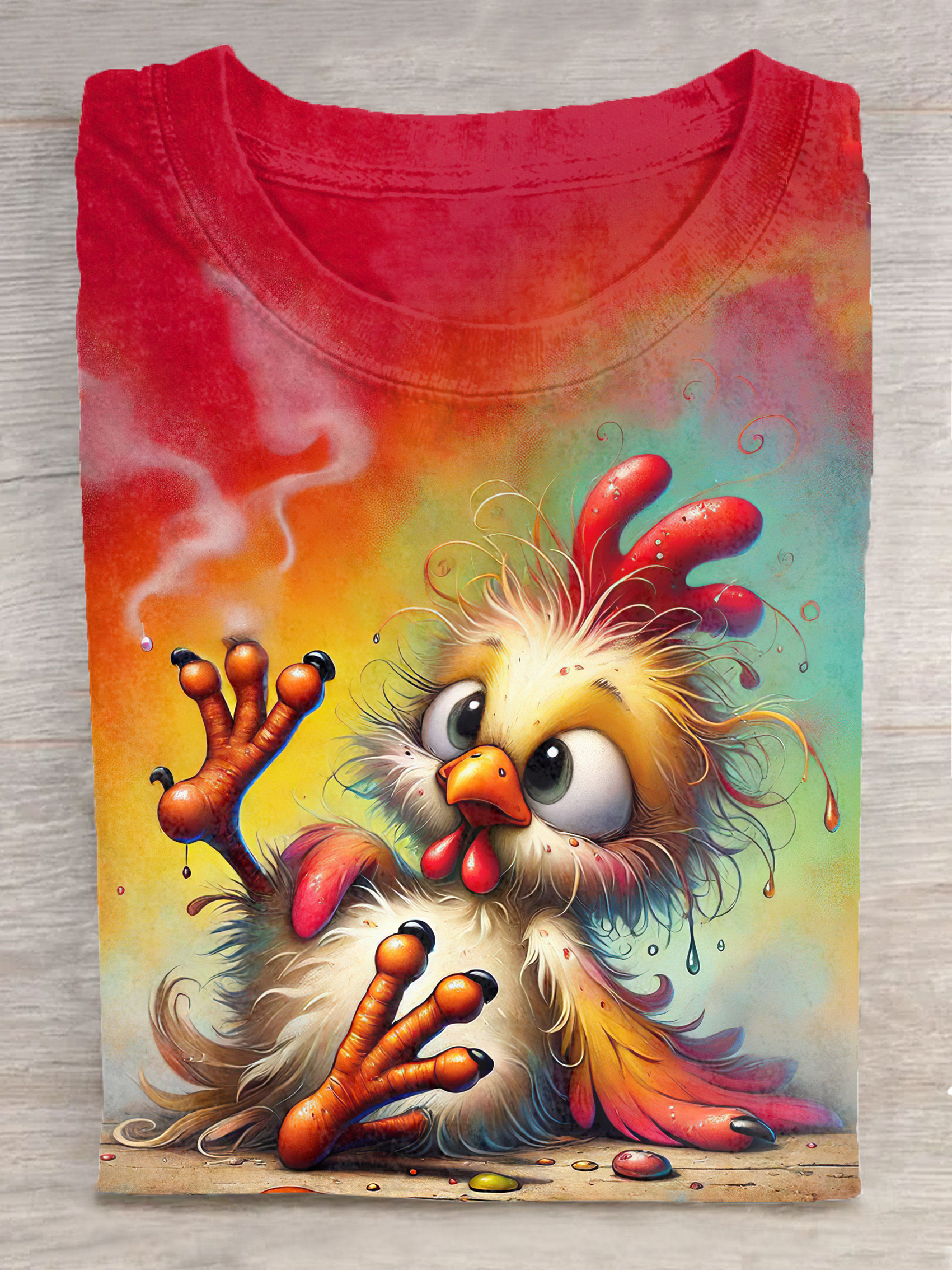 Cute Chicken Art Printed Crew Neck Women's T-shirt