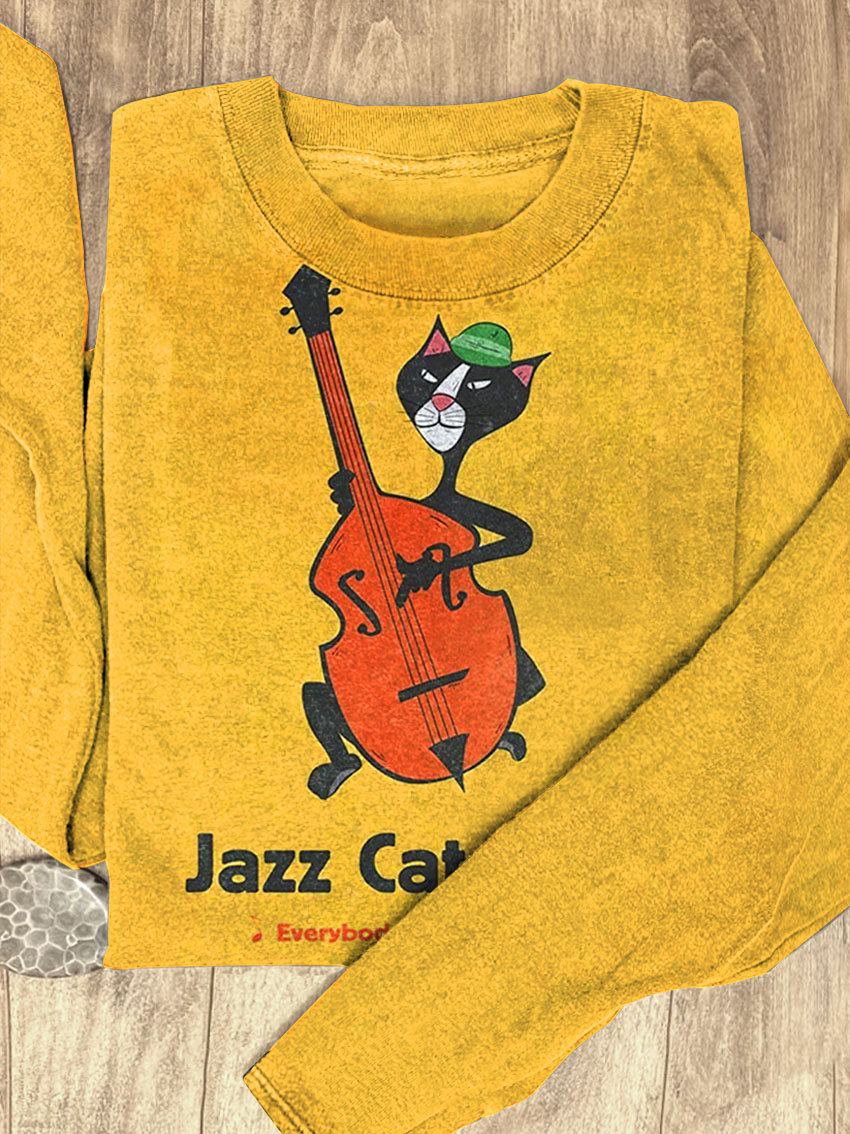 Vintage Funny Jazz Cat Art Print Casual Sweatshirt