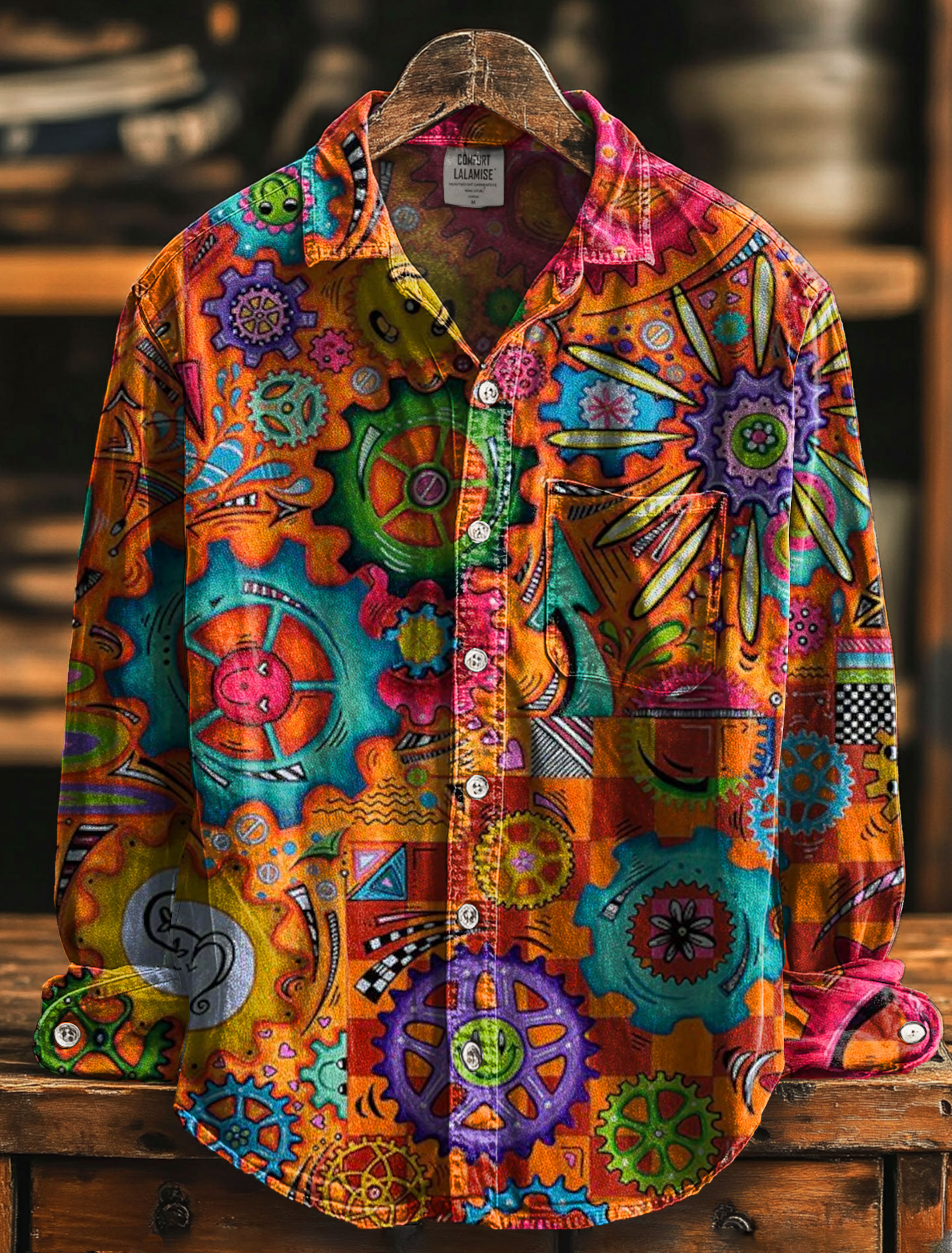 Vintage Hand Drawing Abstrct Art Print 100% Cotton Long Sleeve Shirt