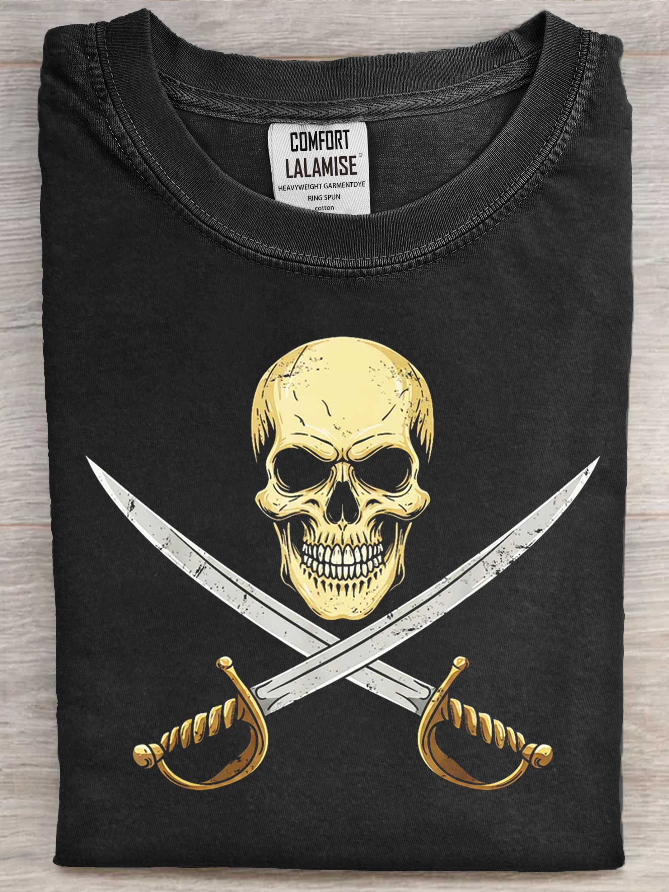 Vintage Pirate Skull Caribbean Cruise Halloween Skeleton Art Print Causal Cotton Short Sleeve T-shirt