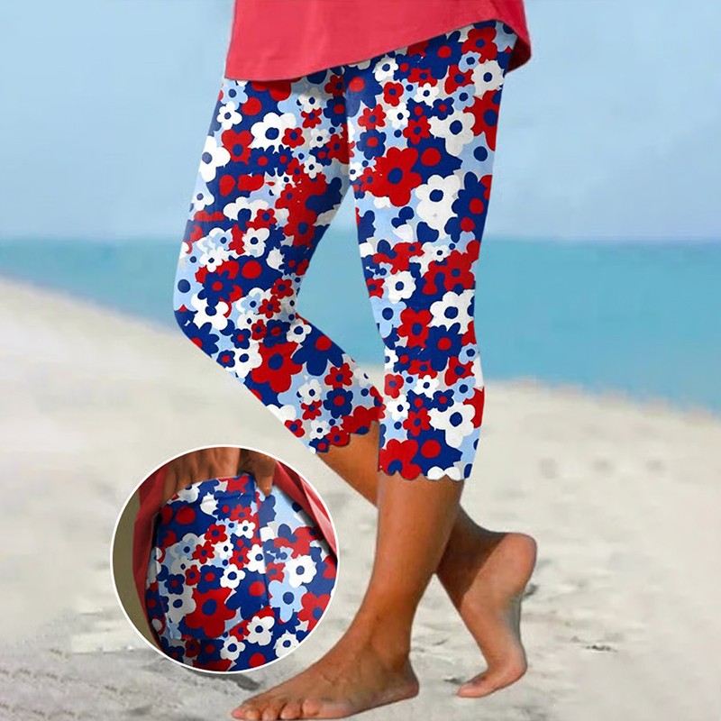 Women's Retro Floral Independence Day Print Casual Pocket Leggings
