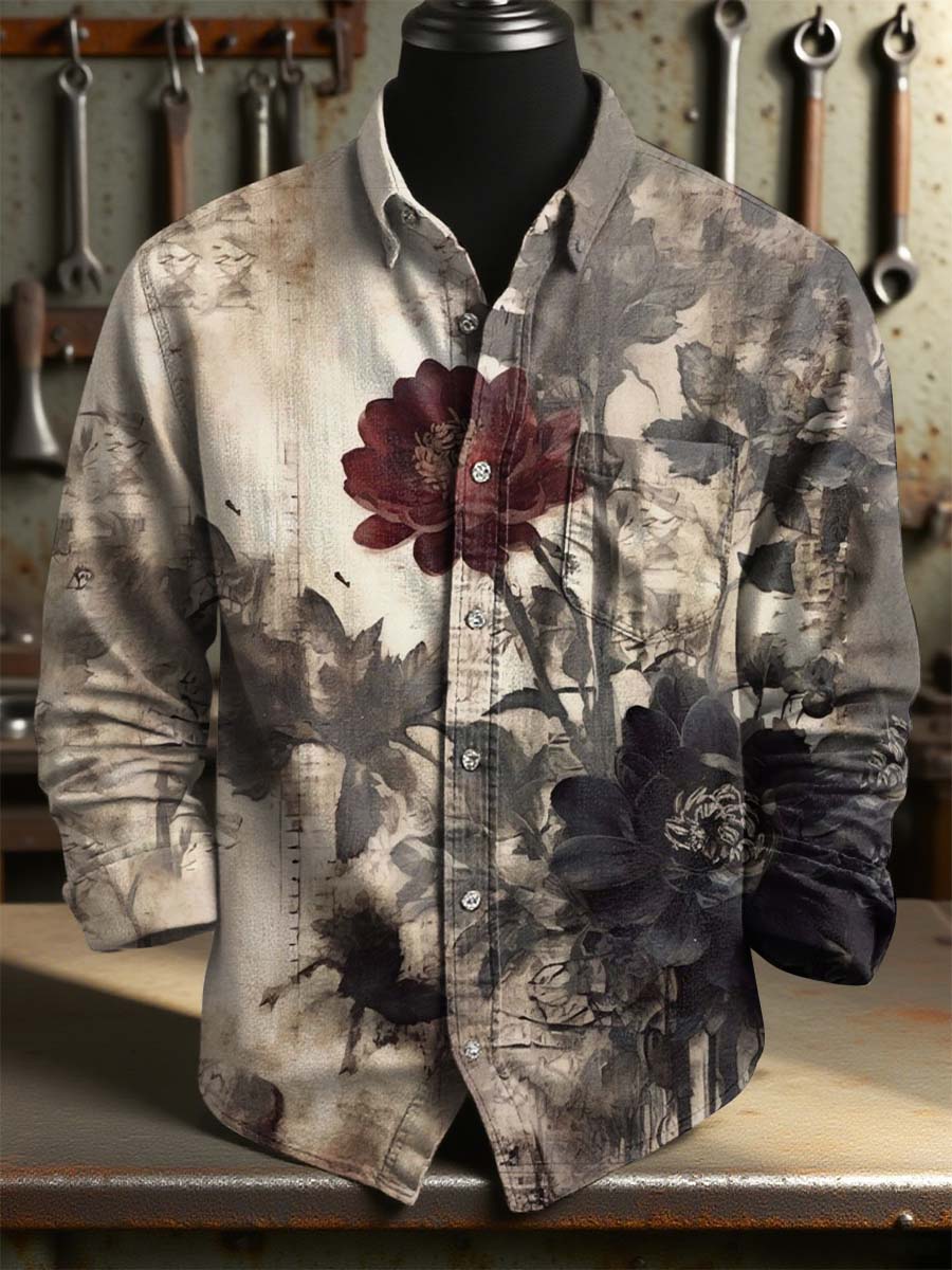 Vintage Rose Print 100% Cotton Long Sleeve Shirt