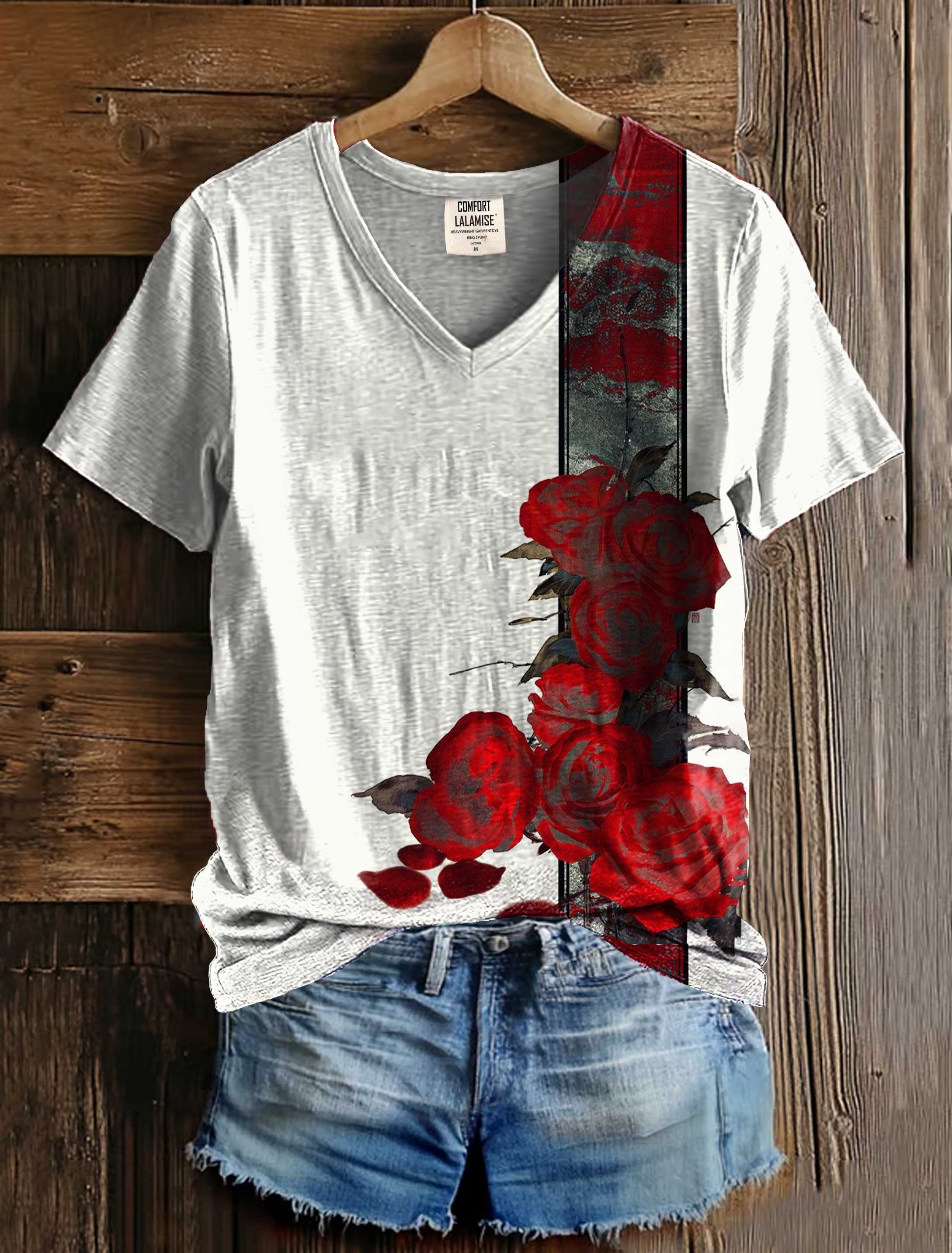 Flower Art Print V-neck Casual T-Shirt
