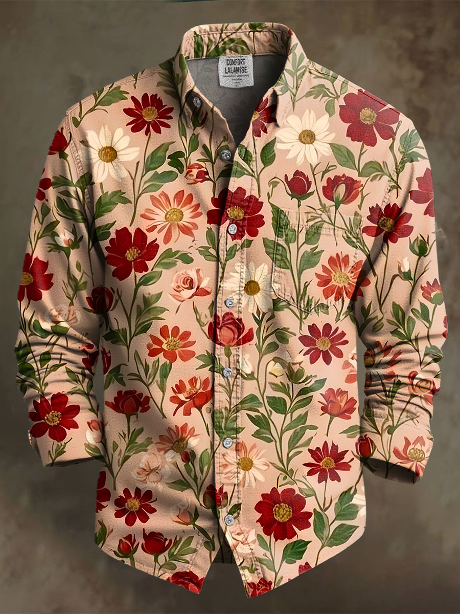 Vintage Multicolor Flower Art Print 100% Cotton Long Sleeve Shirt