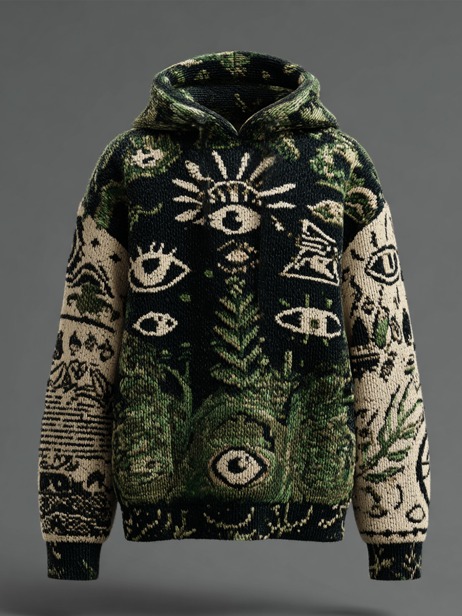 Retro Casual Eye Plant Jacquard Art Print Casual Knitted Hoodie Sweater