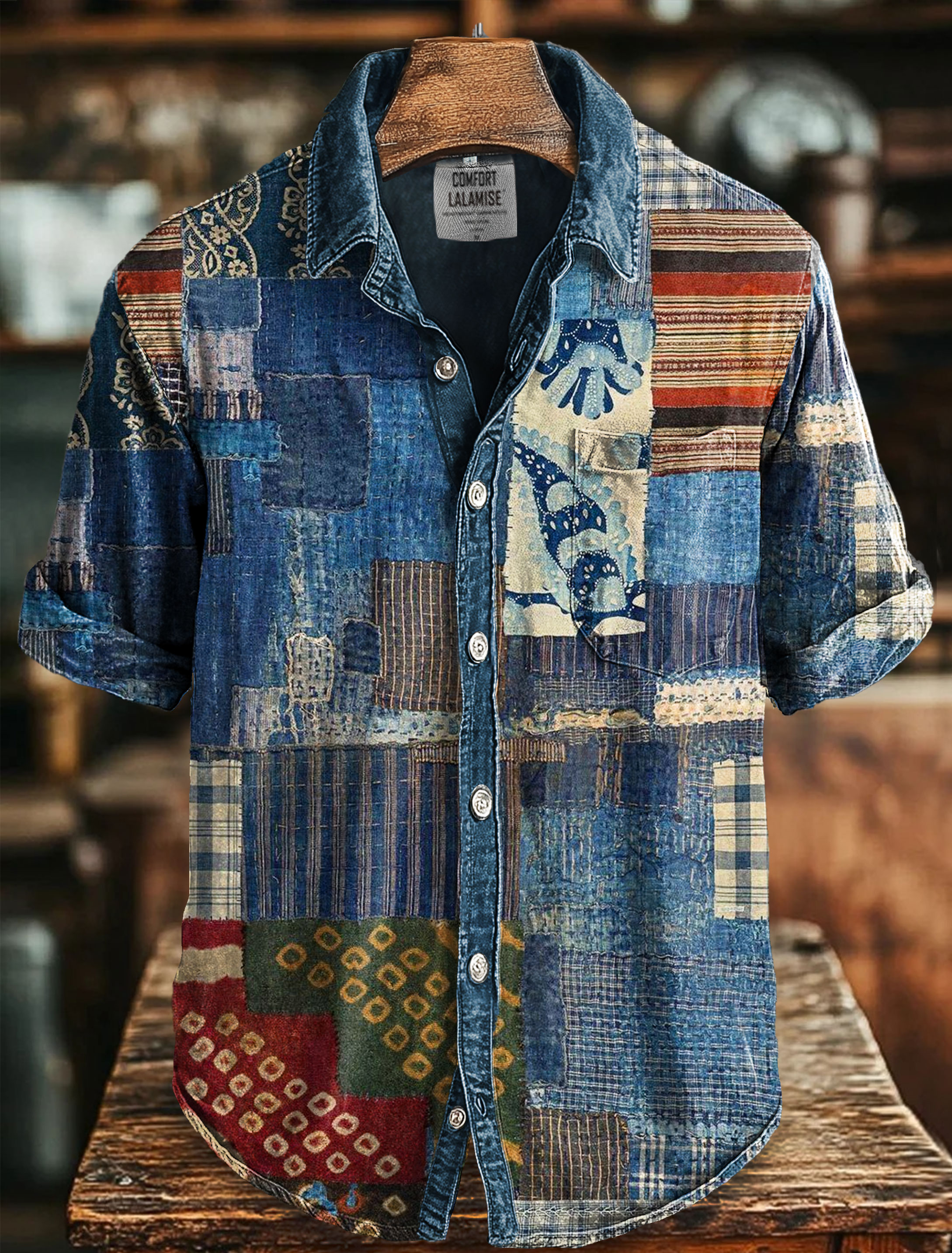Vintage Patchwork Art Print Casual 100% Cotton Shirt