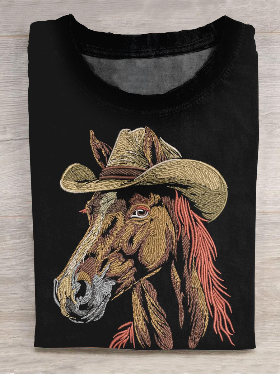 Funny Horse Printed Crew Neck Short Sleeve T-Shirt