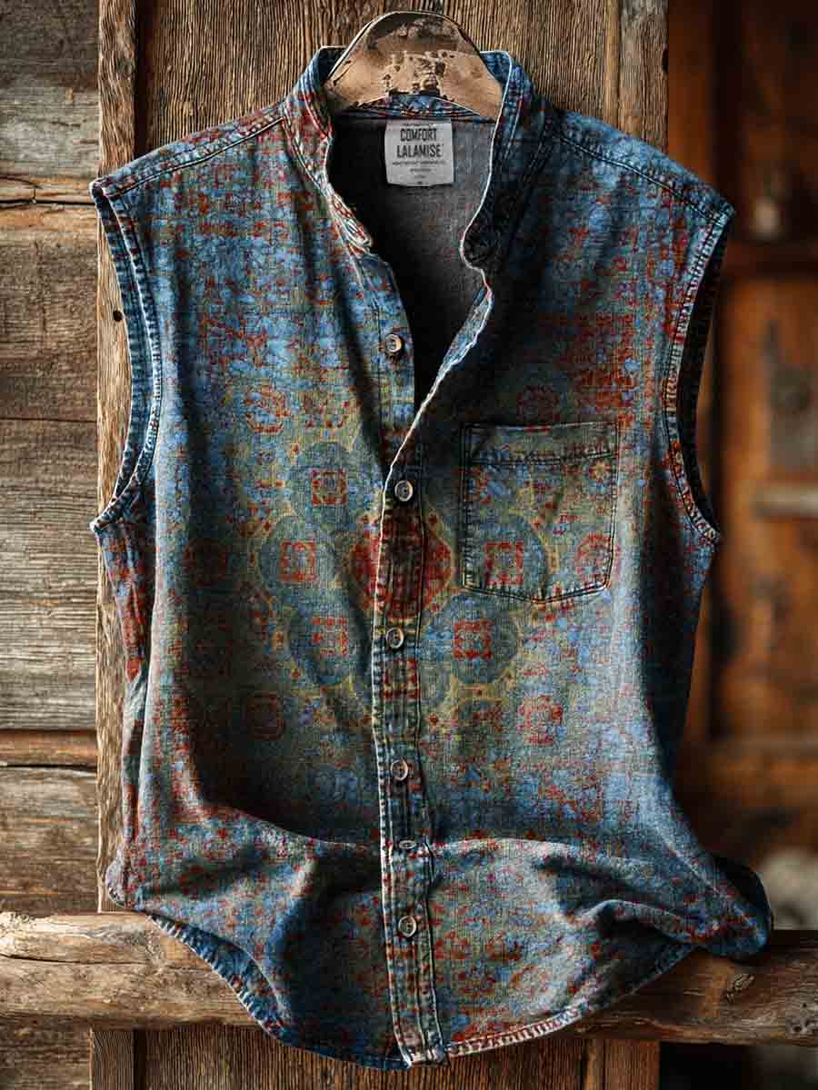 Vintage Ethinic Art Print Casual 100% Cotton Sleeveless Shirt