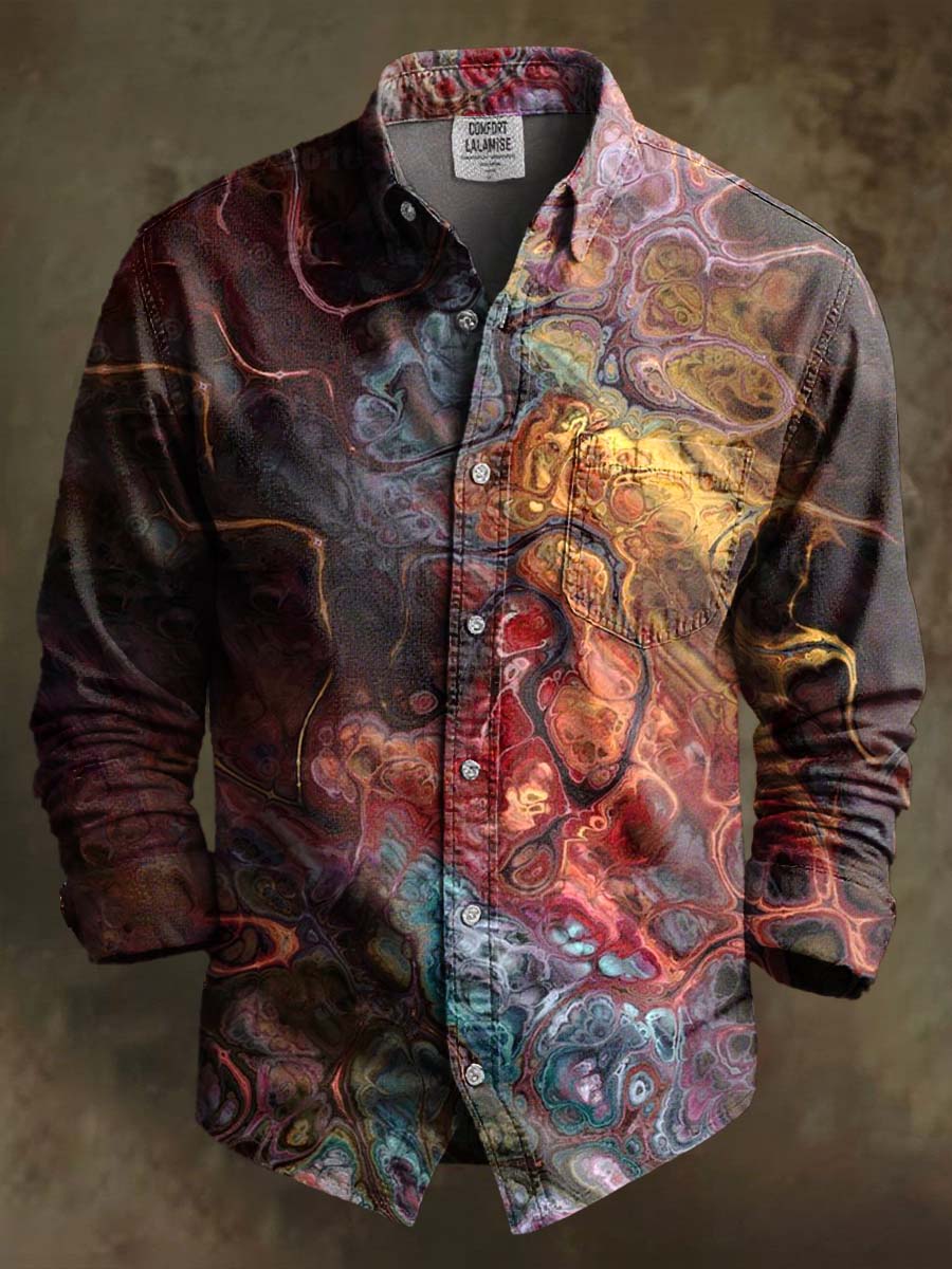 Color Geometric Ripple Print 100% Cotton Long Sleeve Shirt