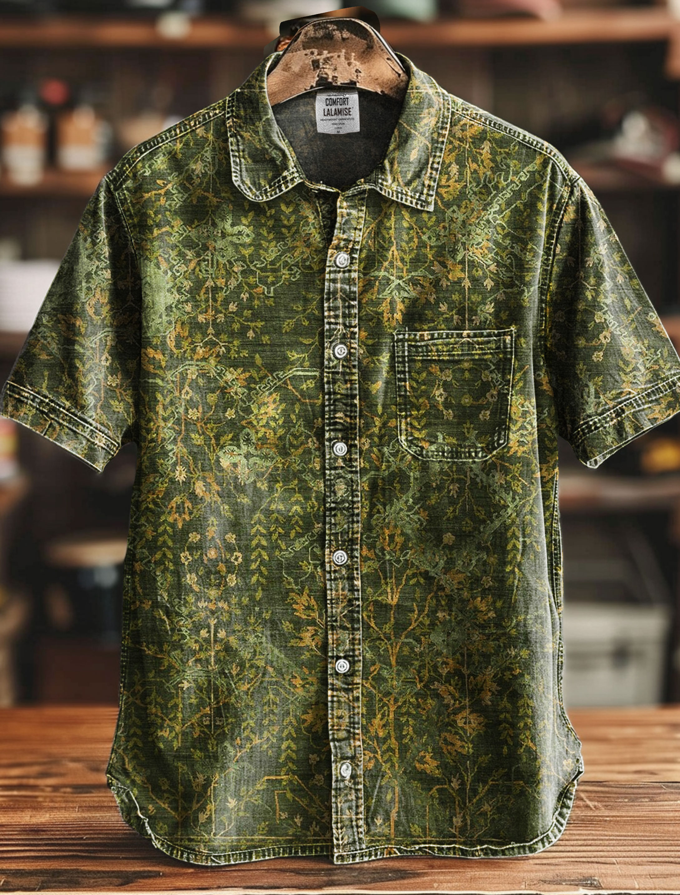 Vintage Moss Green Art Print Casual 100% Cotton Shirt