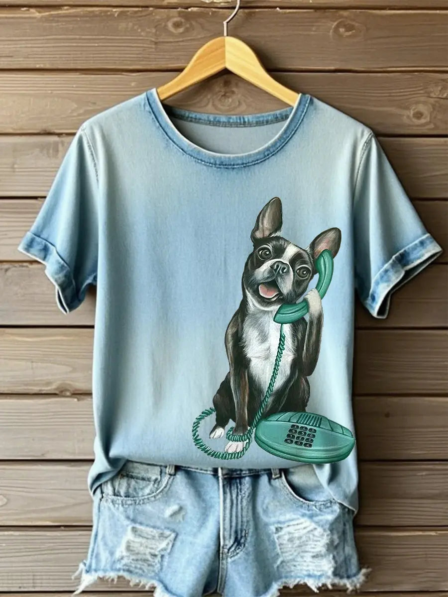 Women's Boston Terrier on the phone Printed T-shirts
