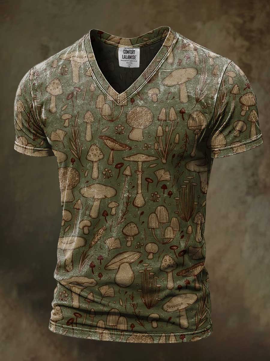 Retro Mushroom Art Print Casaul Short Sleeve V-neck T-shirt