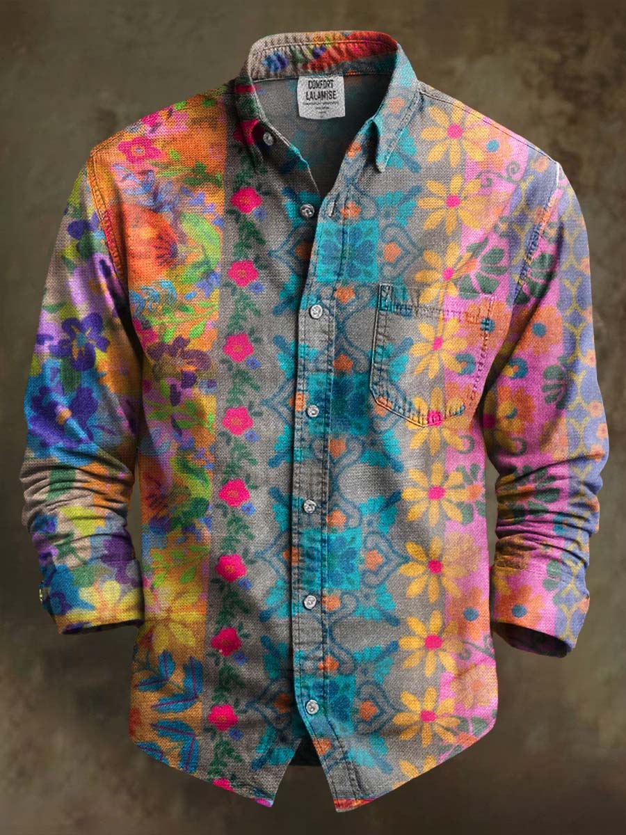 Retro Striped Flower Power Art Print 100% Cotton Long Sleeve Shirt