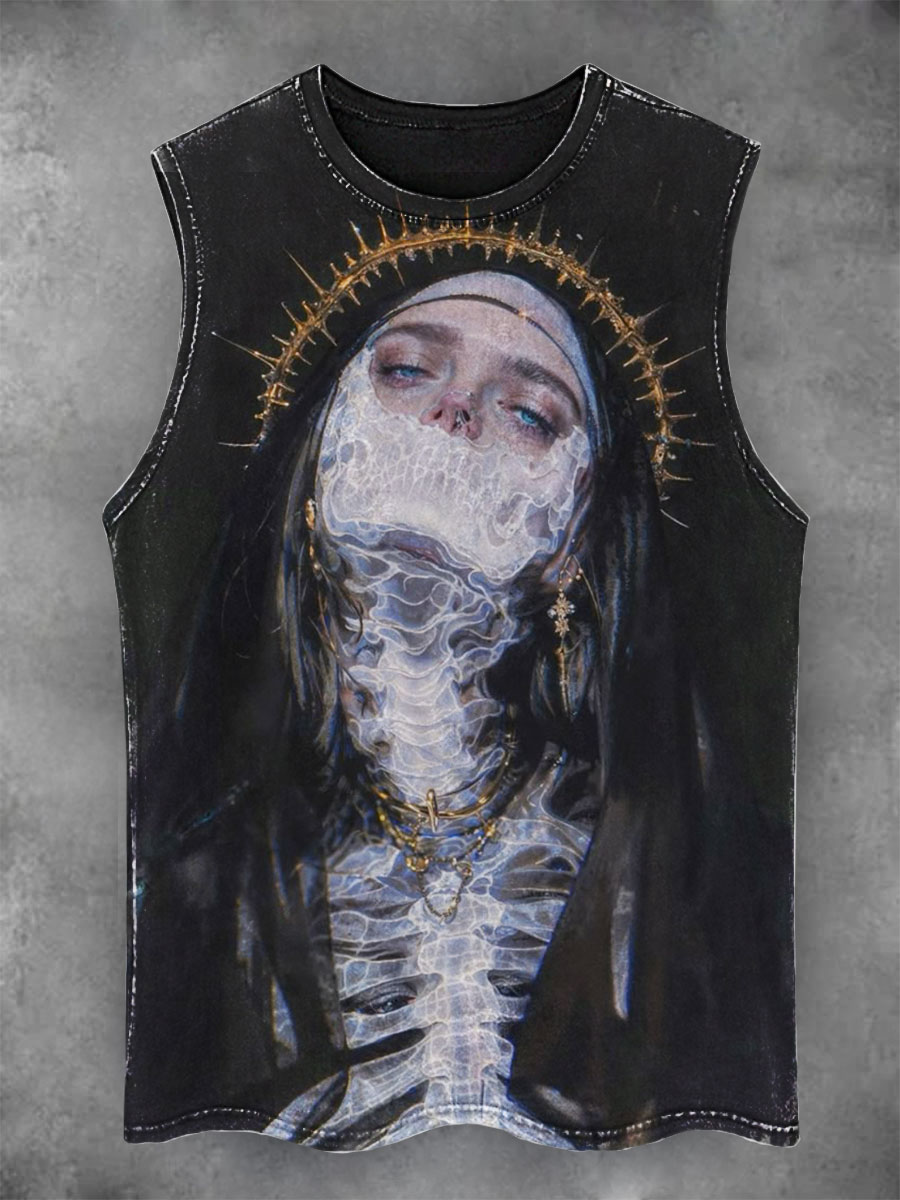 Skull Nun Print Casual Tank Top