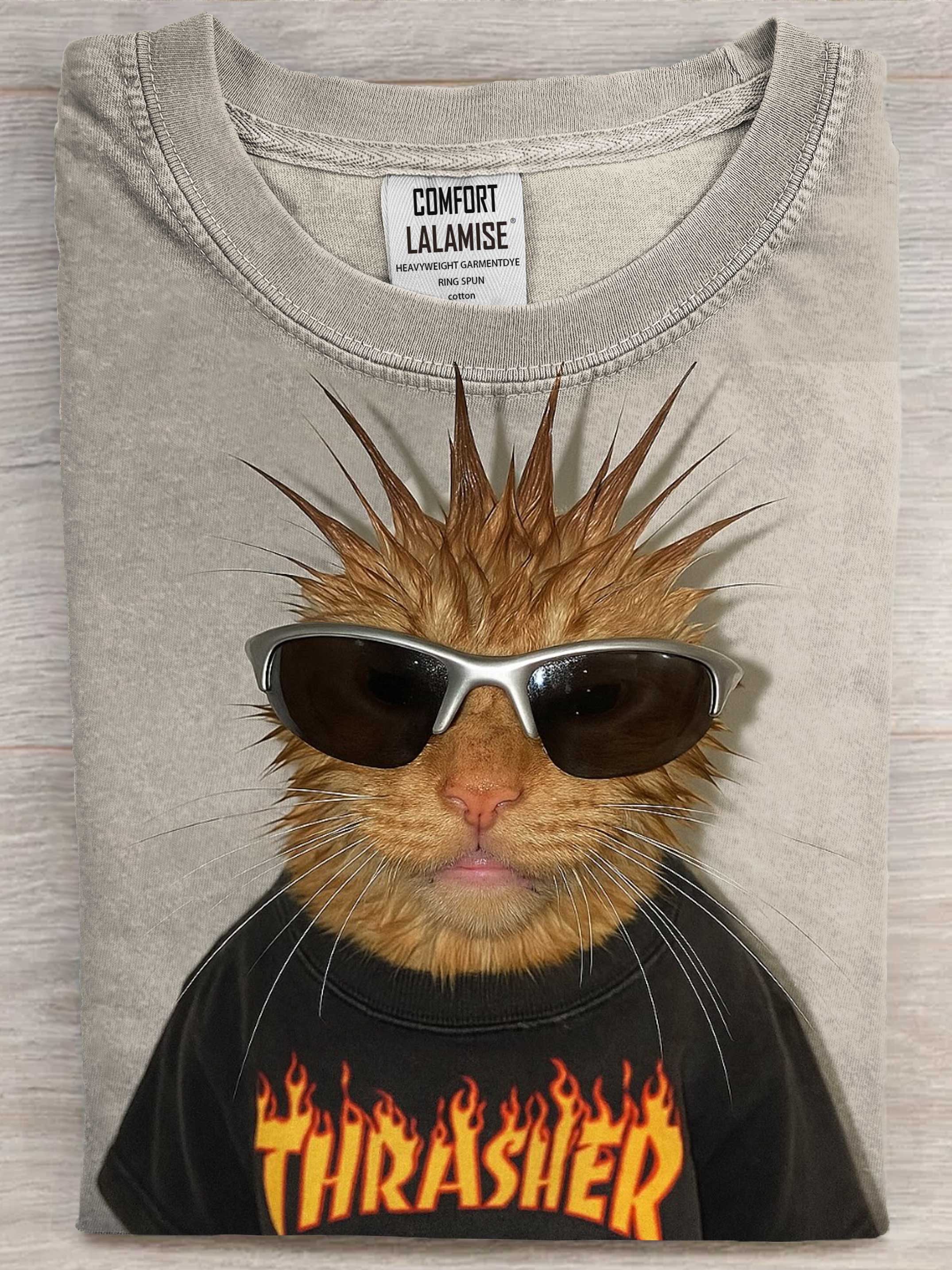 Funny Punk Cat Art Print Cotton Casaul Short Sleeve T-shirt