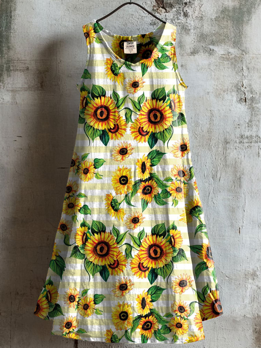 Classic Sunflower Art Print V-neck Pocket Cotton Dress