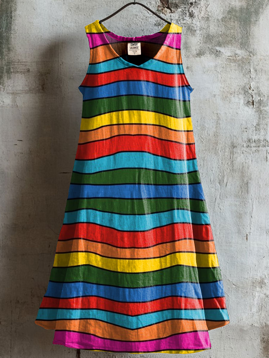 Women's Rainbow Art Print V-neck Pocket Cotton Dress