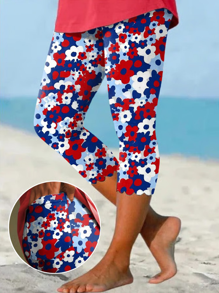 Women's Retro Floral Independence Day Print Casual Pocket Leggings