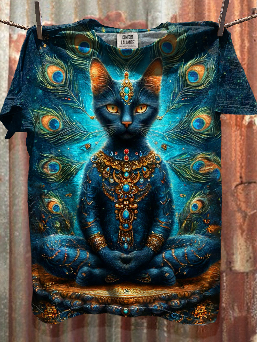 Meditation Yoga Cat Art Print Casaul Short Sleeve T-shirt