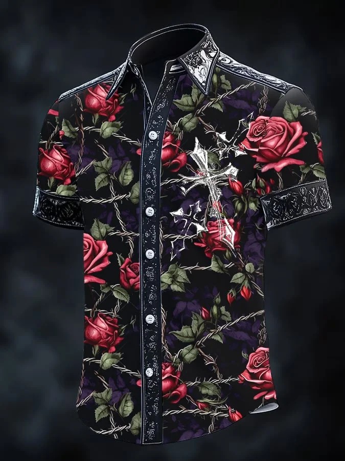 Vintage Thorns Rose Cross Print Casual 100% Cotton Shirt