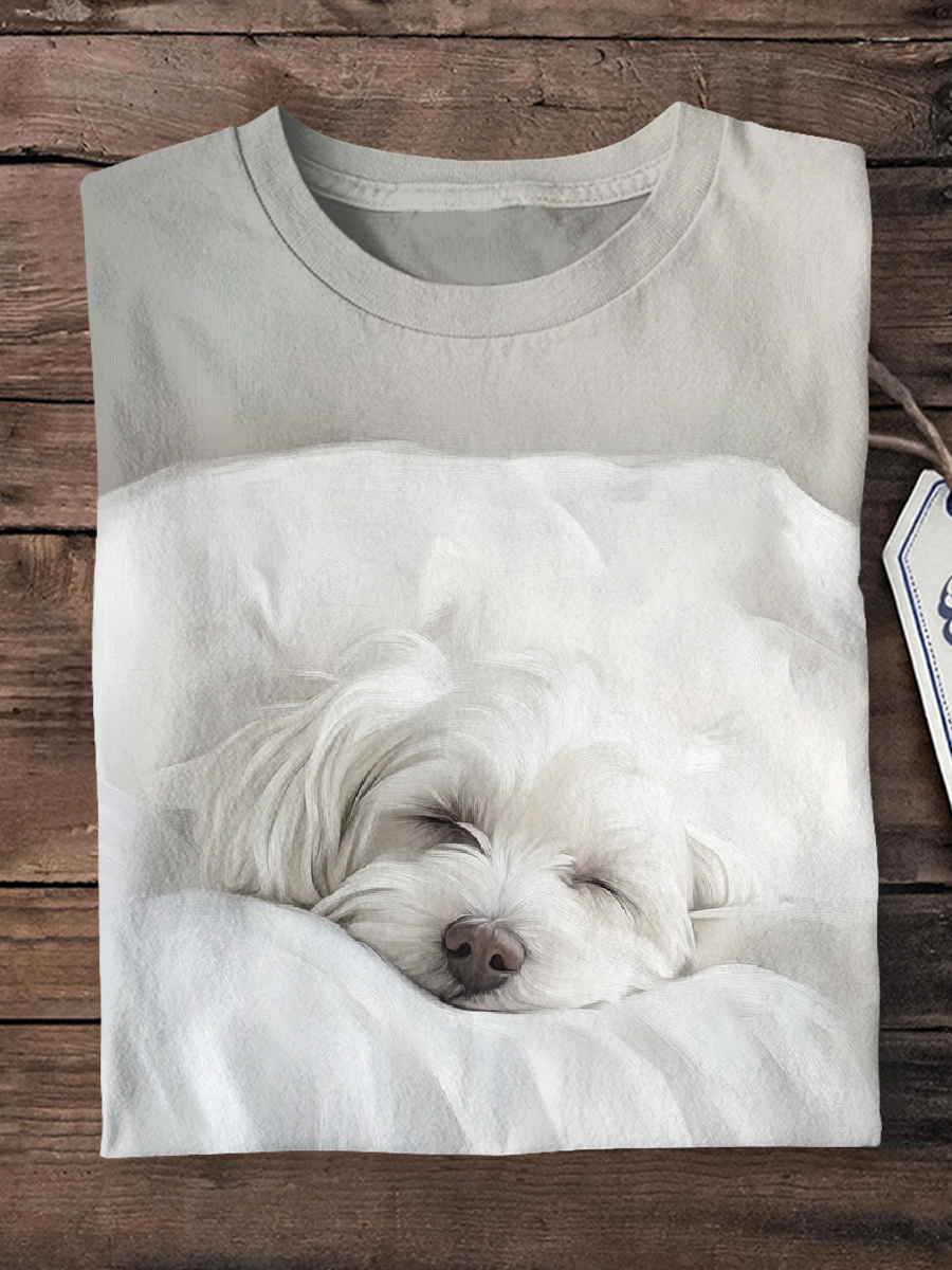 Dog Art Printed Round Neck Short Sleeve T-Shirt