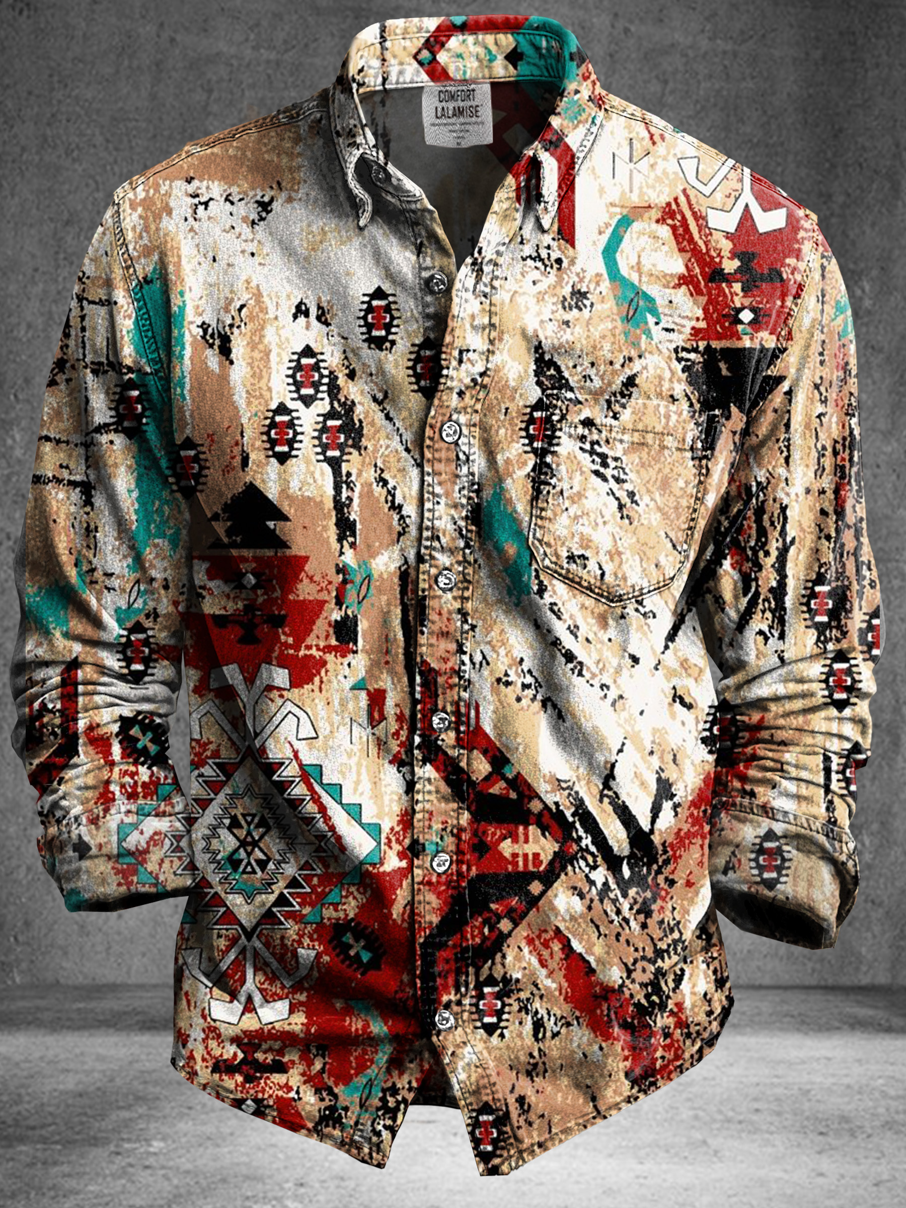 Vintage Psychedelic Multicolored Ethnic Art Print 100% Cotton Long Sleeve Shirt