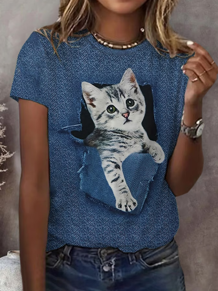Women's Cat Print Short Sleeve Casual T-shirt