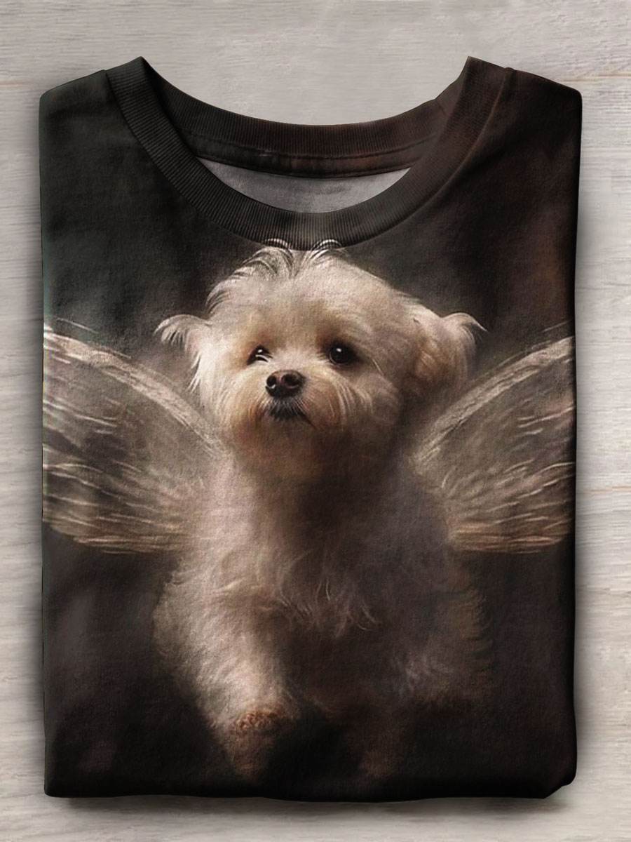 Angel Dog Print Casual Short Sleeve Top
