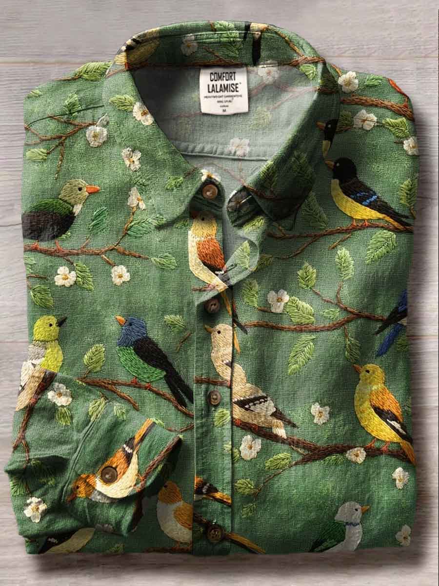 Bird Art Print Casual Cotton Shirt