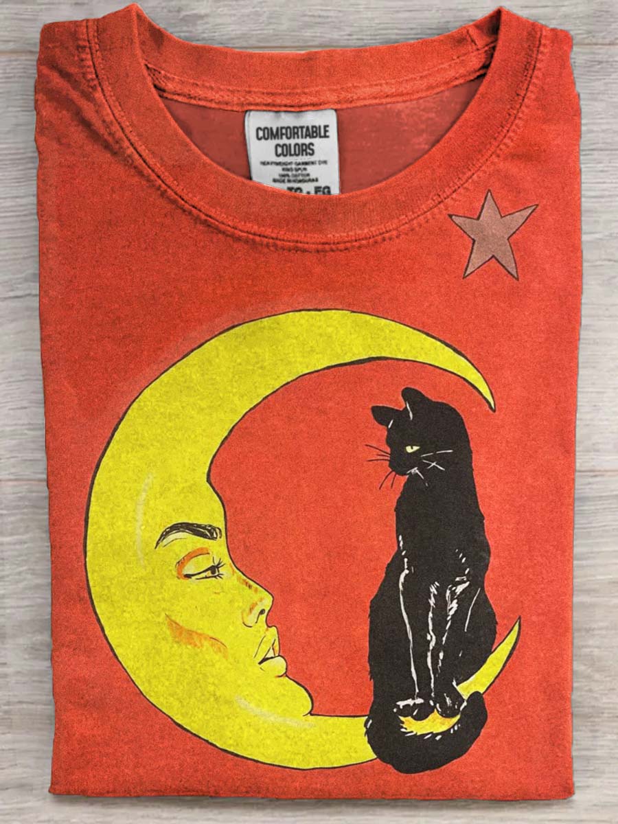Moon Cat Print Casual Short Sleeve T-Shirt