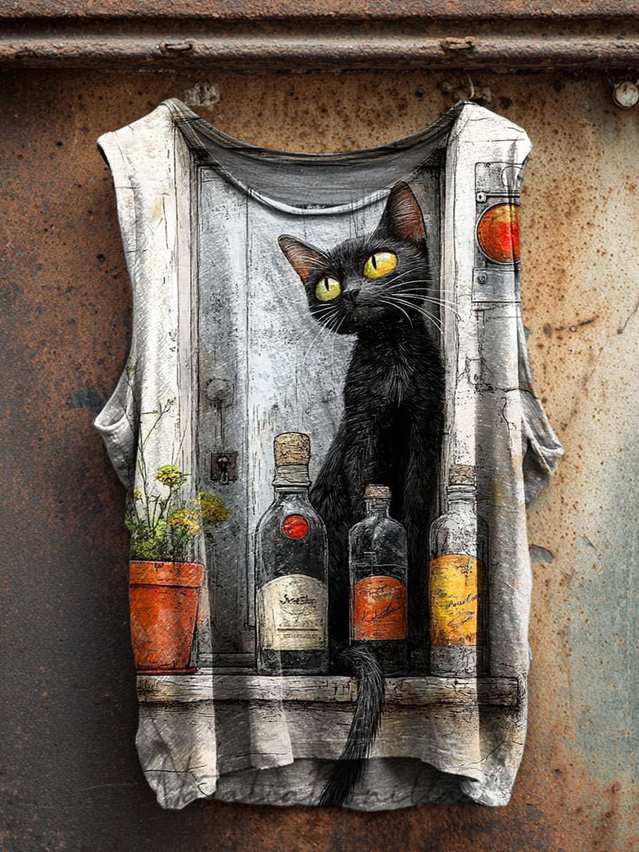 Cat Art Print 100% Cotton Casual Tank Top