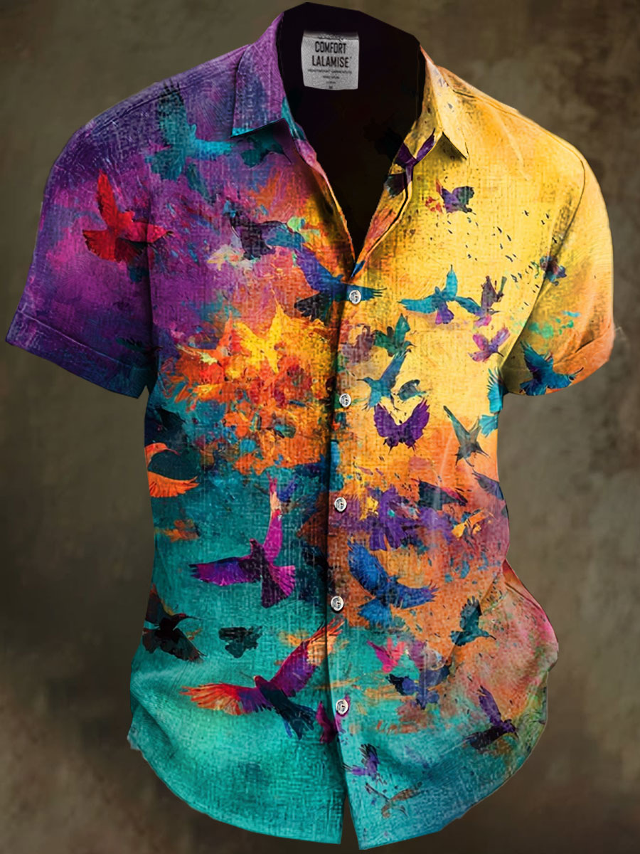Free Bird Color Block Art Print Casual Cotton And Linen Shirt