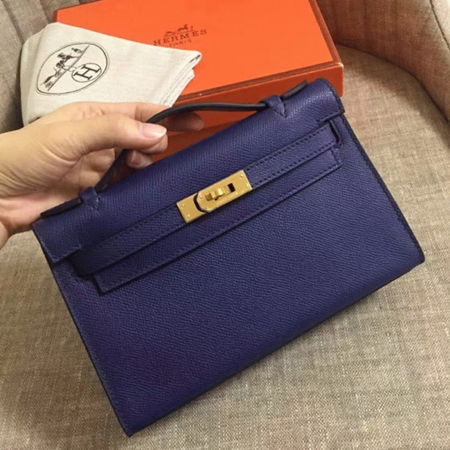 Sapphire Epsom Top Fake Hermes Kelly Pochette Deep Blue Clutch