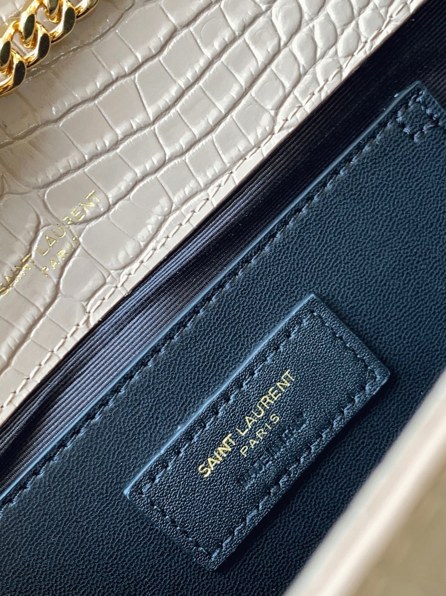 Fake Saint Laurent Kate Medium Tassel Bag Beige Crocodile-embossed Leather