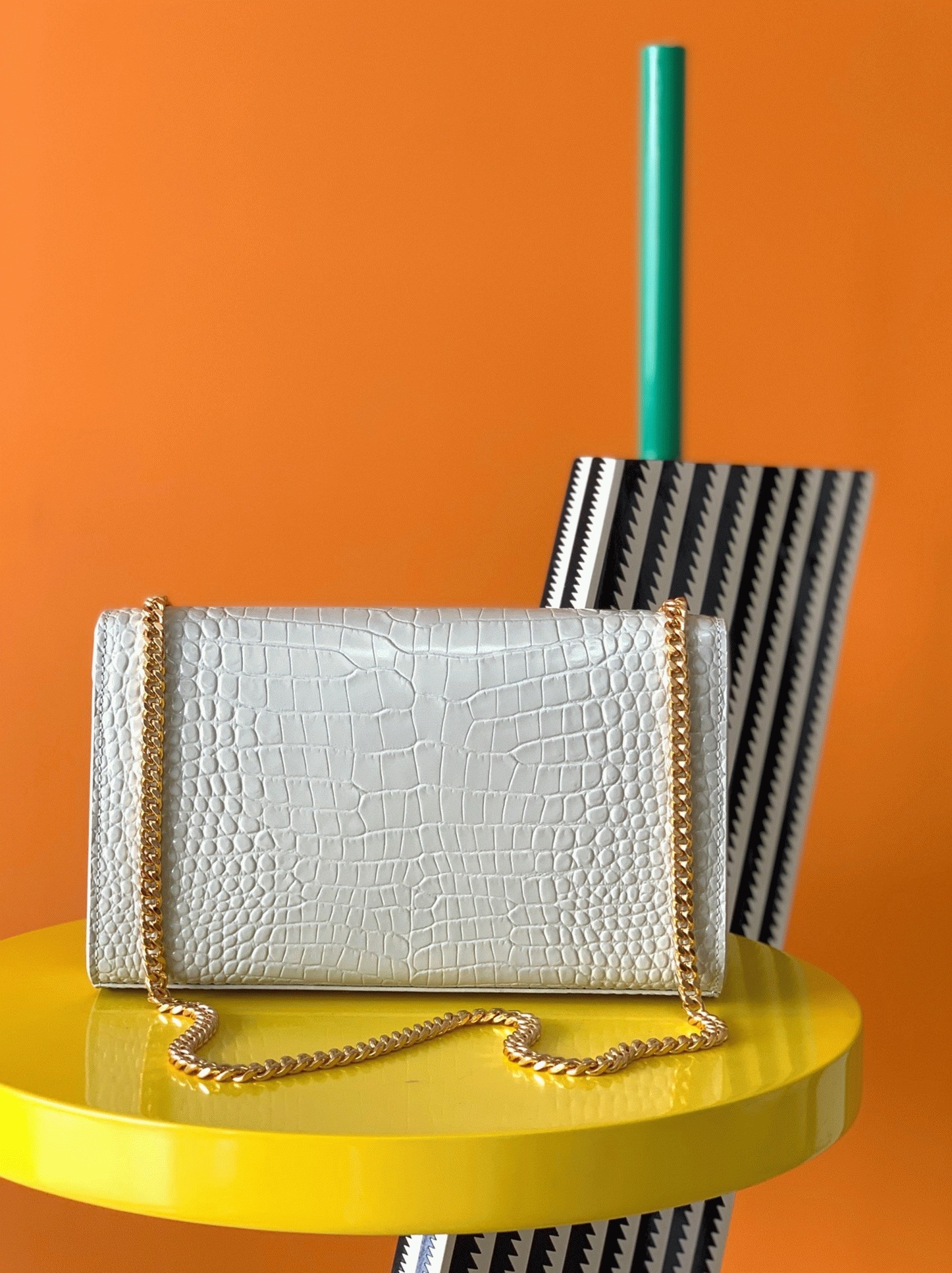 Replica Saint Laurent Kate Medium Tassel Bag White Crocodile-embossed Leather