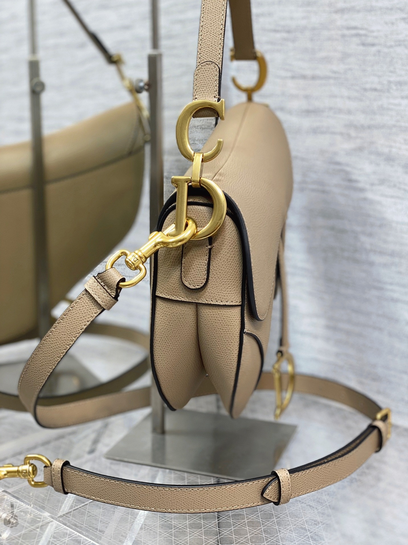 Dior Saddle Bag with Strap Replica in Sand Grained Calfskin