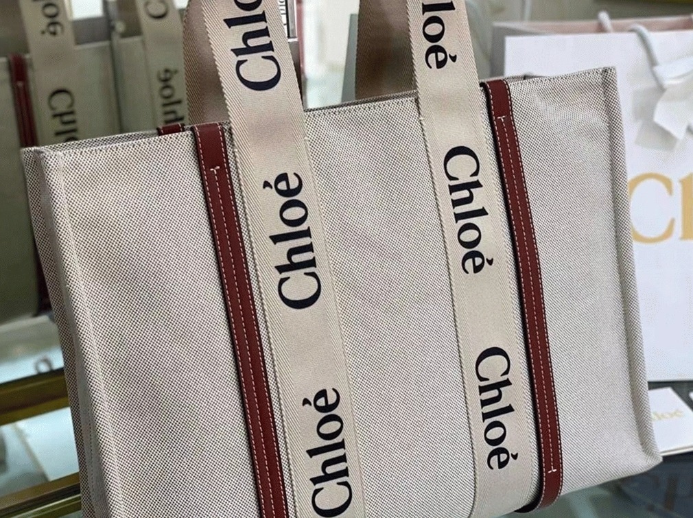 Top Quality Imitation Chloe Large Woody Tote Bag in Canvas with Brown Leather Strips