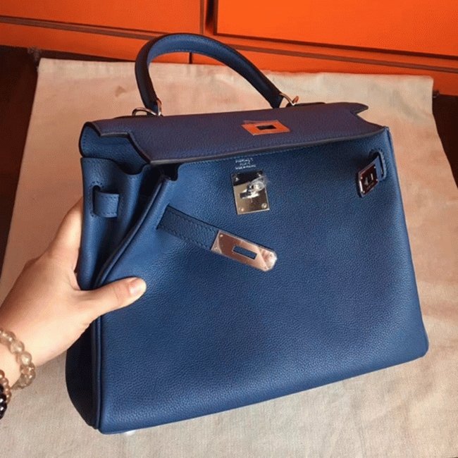 Blue Agate Clemence Fake Hermes Kelly Retourne 28cm Tote