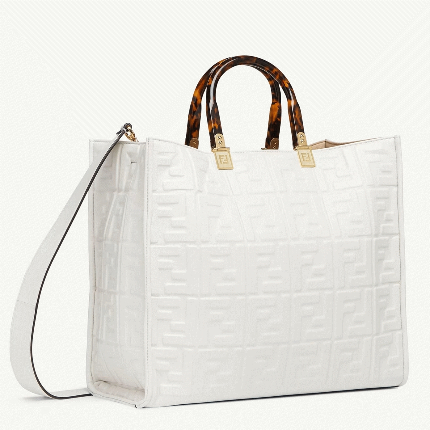 Top Quality Fake Fendi Sunshine Medium Tote Bag In White FF Calfskin