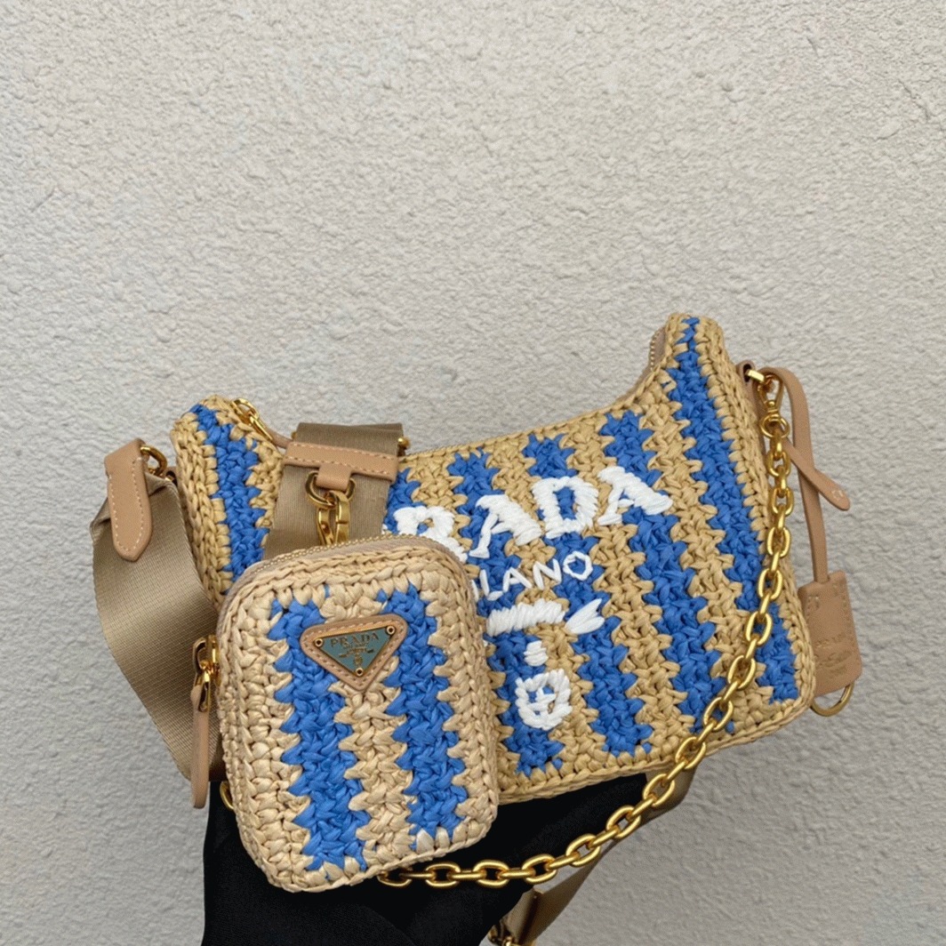 Prada Re-Edition Bag Fake in Beige and Blue Stripe