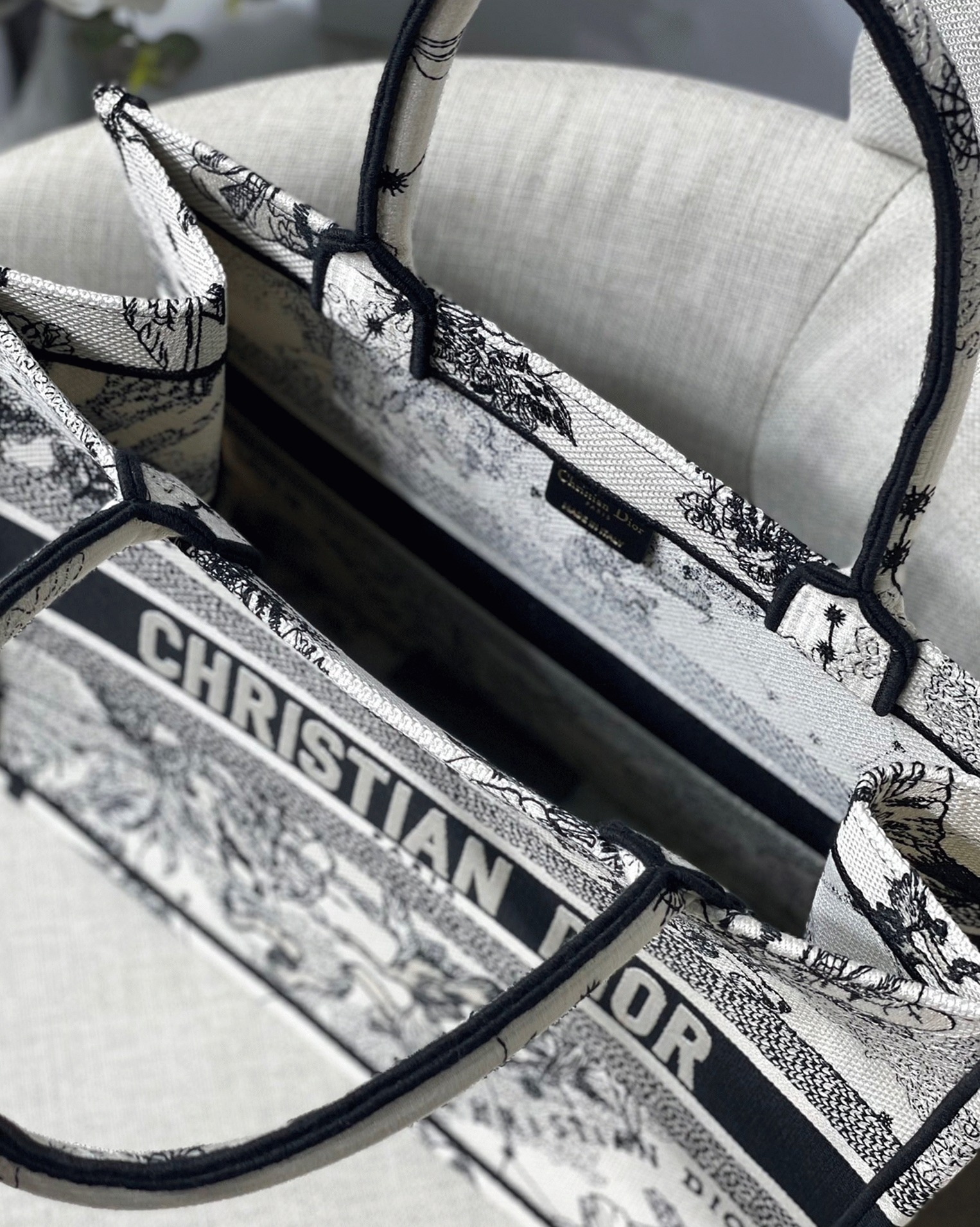 Dior Large Book Tote Bag Replica in White Toile de Jouy Zodiac Embroidery