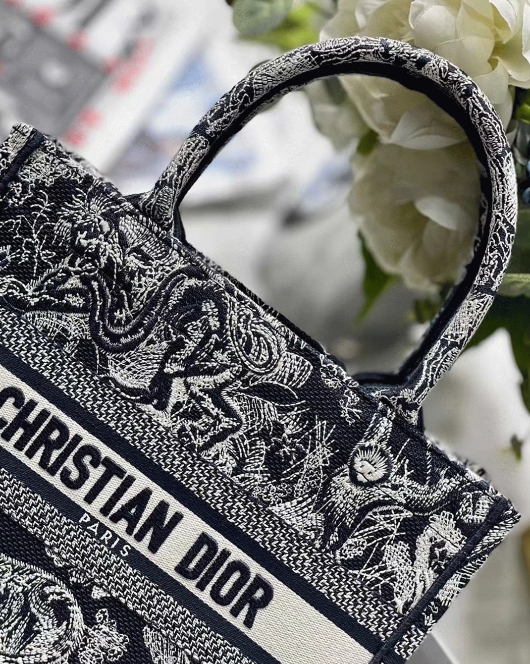 Dior Small Book Tote Bag Knockoff in Blue Toile de Jouy Reverse Embroidery