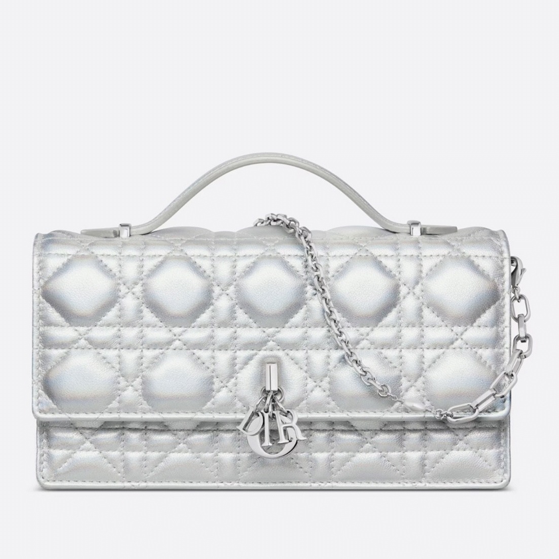 Dior Miss Dior Mini Bag Knockoff in Iridescent Metallic Silver Lambskin