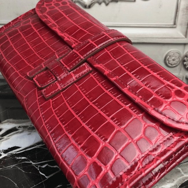 Top luxury dark red crocodile leather replica Hermes Jige Elan clutch bag