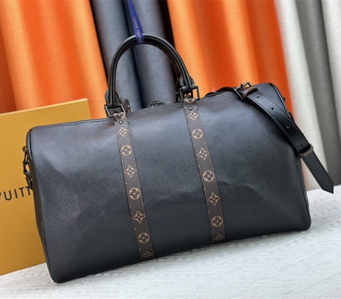Louis Vuitton Taiga Leather Keepall Bandouliere 45 In Black And Monogram Macassar Canvas