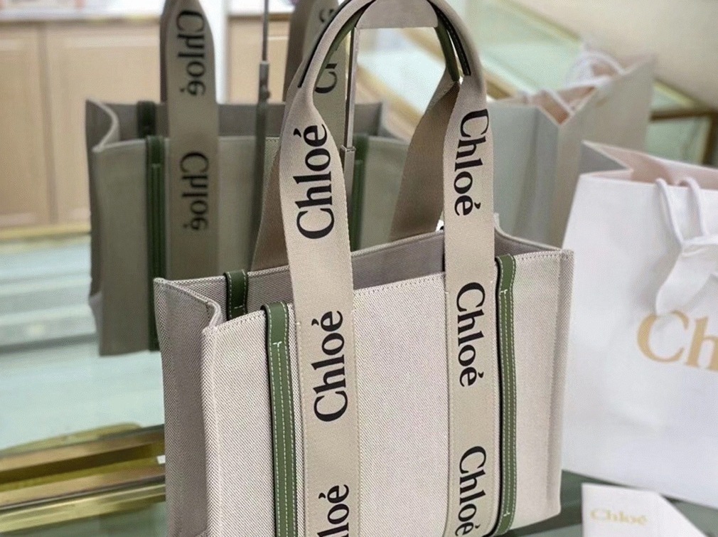 Top Quality Fake Chloe Medium Woody Tote Bag in Canvas with Green Leather Strips