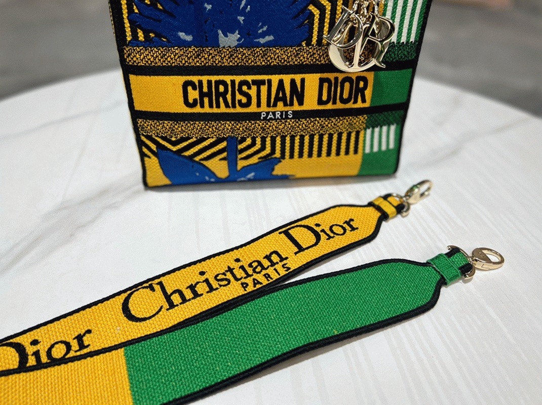 Dior Lady D-Lite Medium Bag Fake in Yellow   Green D-Flower Pop Embroidery