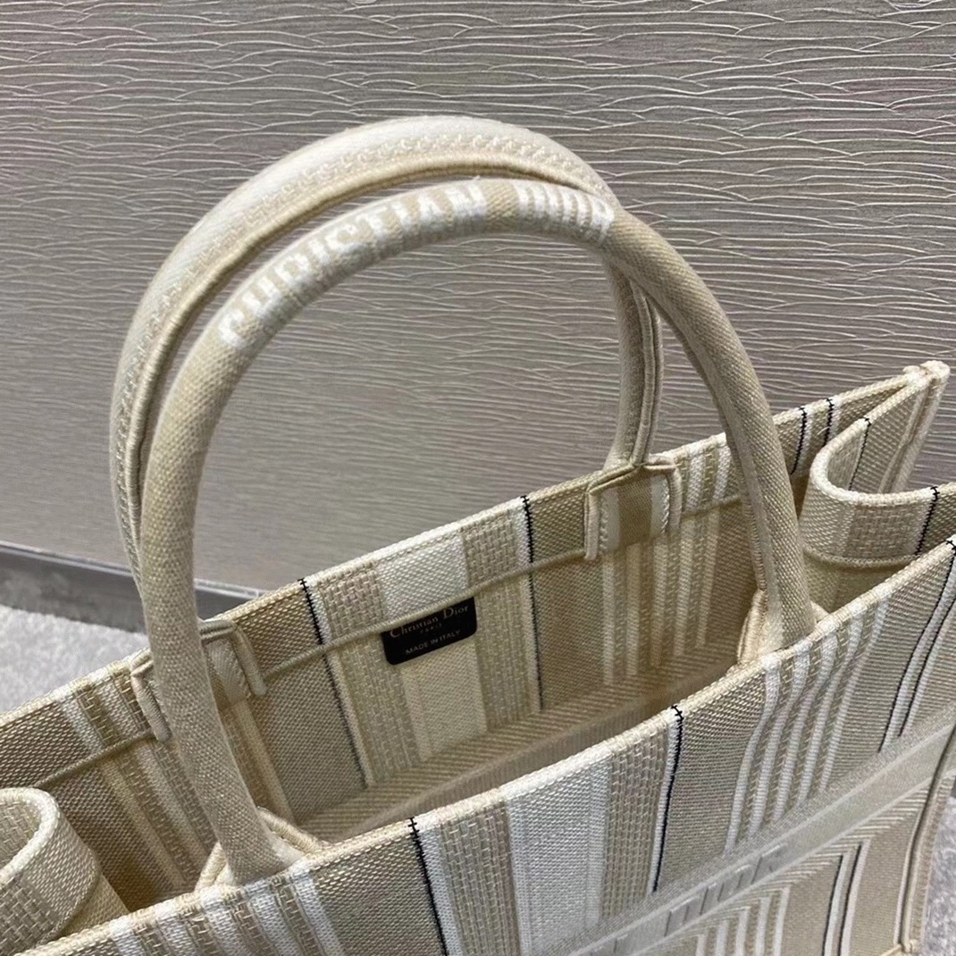 Dior Large Book Tote Bag Replica in Beige Stripes Embroidery