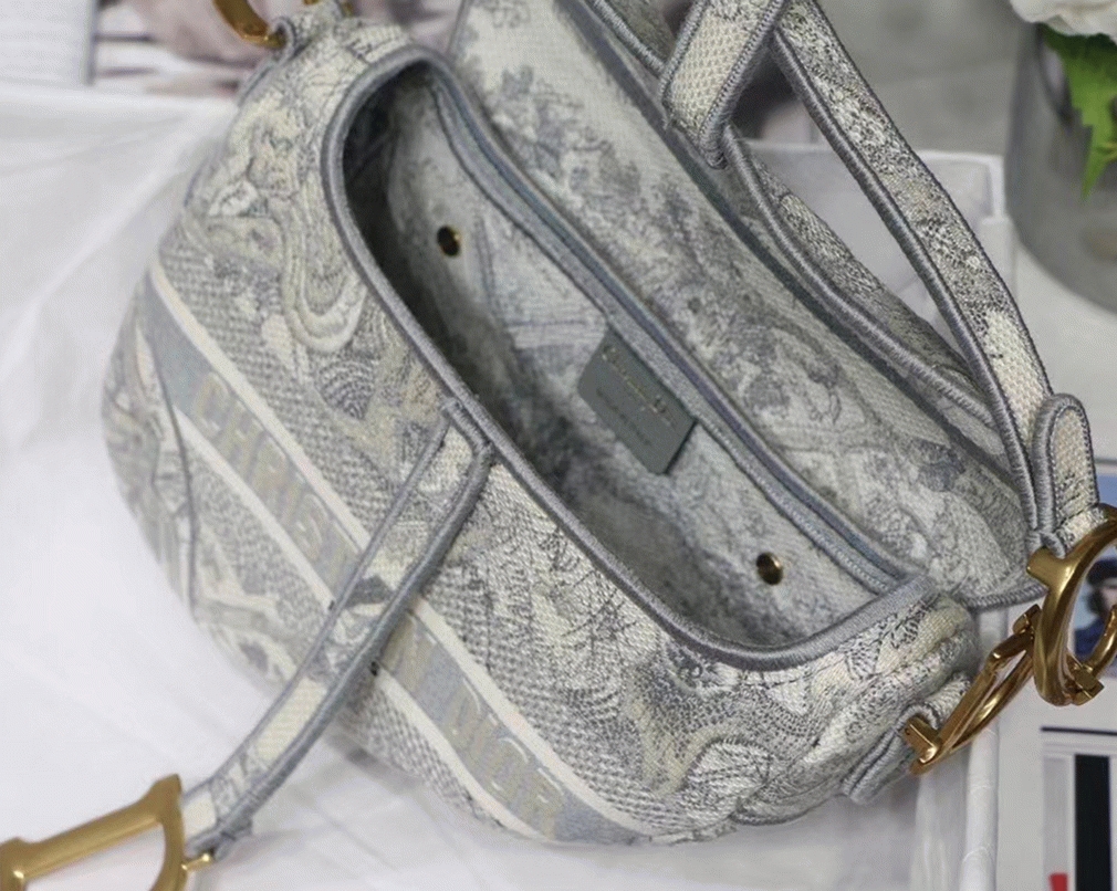 Dior Saddle Bag Fake in Grey Toile de Jouy Embroidery